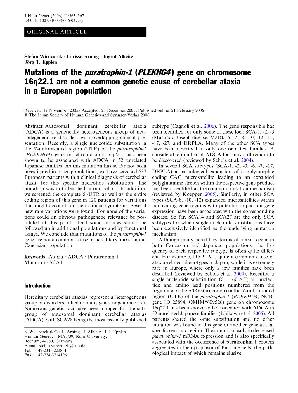 Mutations of the Puratrophin-1 (PLEKHG4) Gene on Chromosome