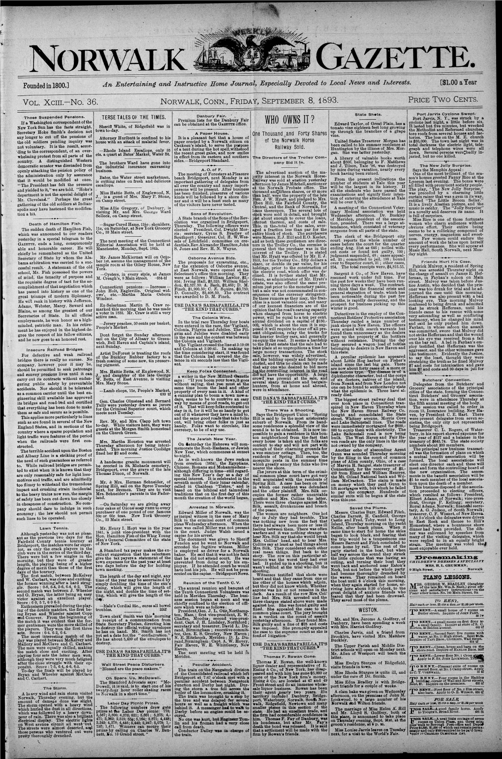 VOL. XCIIL—NO. 36. Y-• NORWALK, CONN;- FRIDAY, SEPTEMBER 8^1893