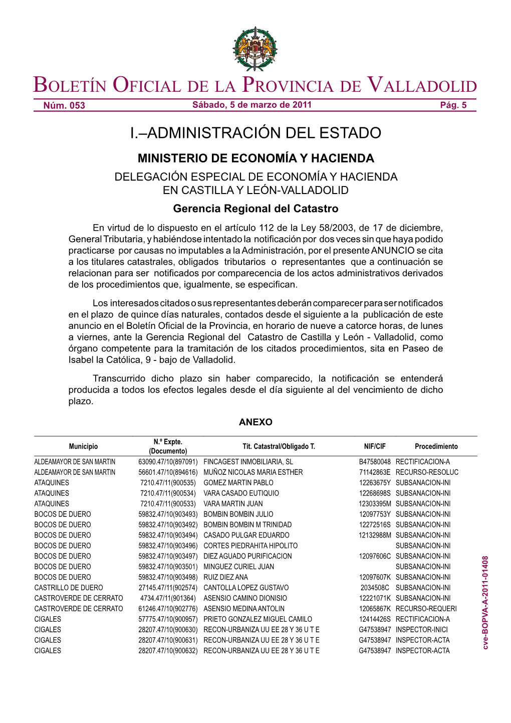 Boletín Oficial De La Provincia De Valladolid Núm