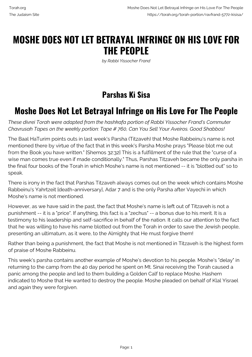 Moshe Does Not Let Betrayal Infringe on His Love for the People the Judaism Site