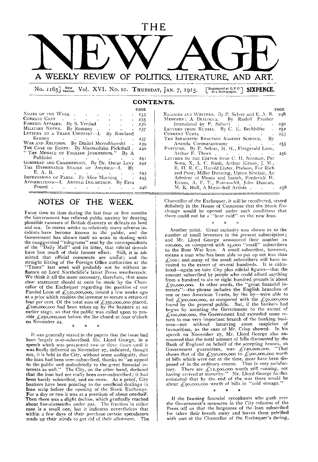 New Age, Vol. 16, No. 10, Jan 7, 1915