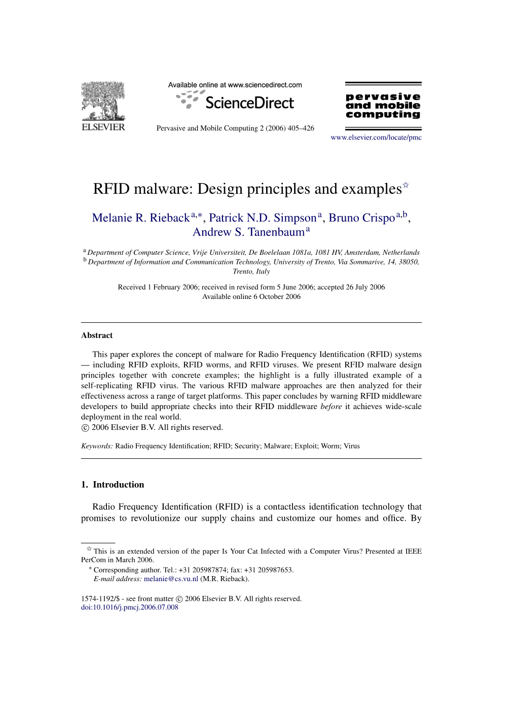 RFID Malware: Design Principles and Examples$