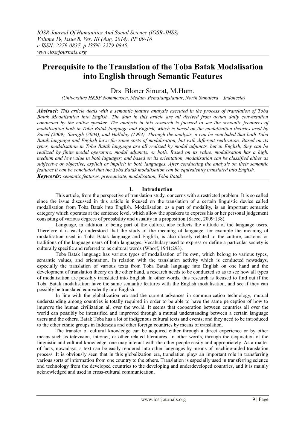 Prerequisite to the Translation of the Toba Batak Modalisation Into English Through Semantic Features