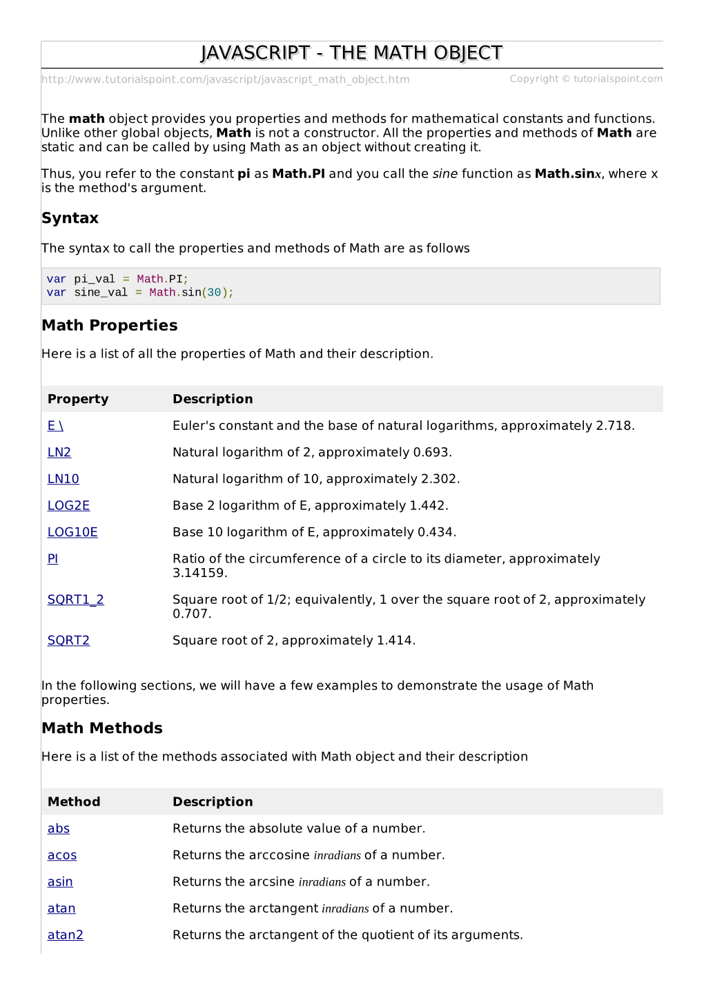 Javascript the Math Object