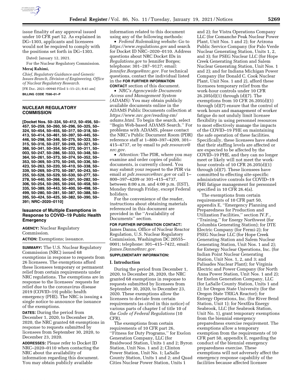 Federal Register/Vol. 86, No. 11/Tuesday, January 19, 2021