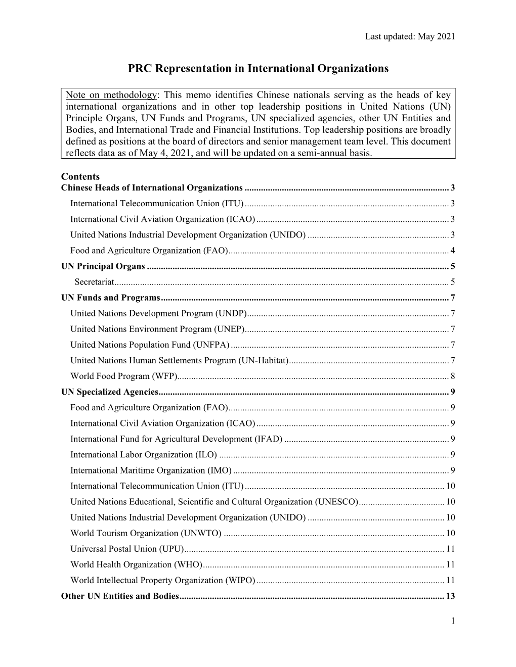 PRC Representation in International Organizations