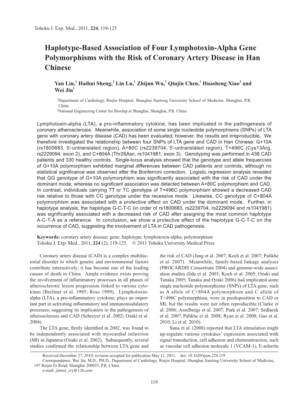 Haplotype-Based Association of Four Lymphotoxin-Alpha Gene Polymorphisms with the Risk of Coronary Artery Disease in Han Chinese