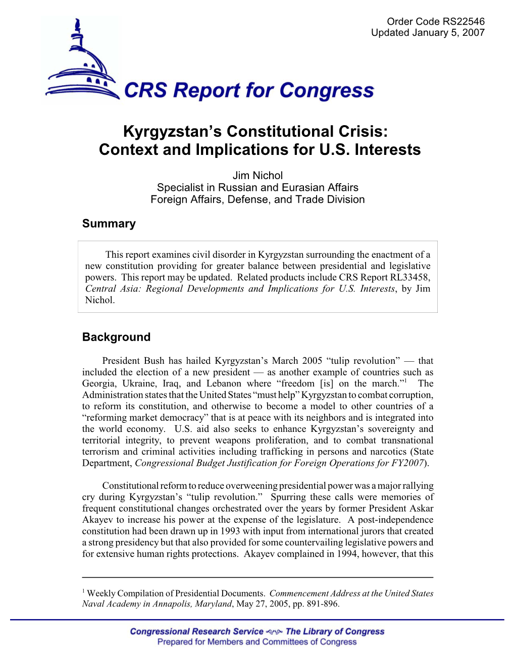 Kyrgyzstan's Constitutional Crisis: Context and Implications for U.S