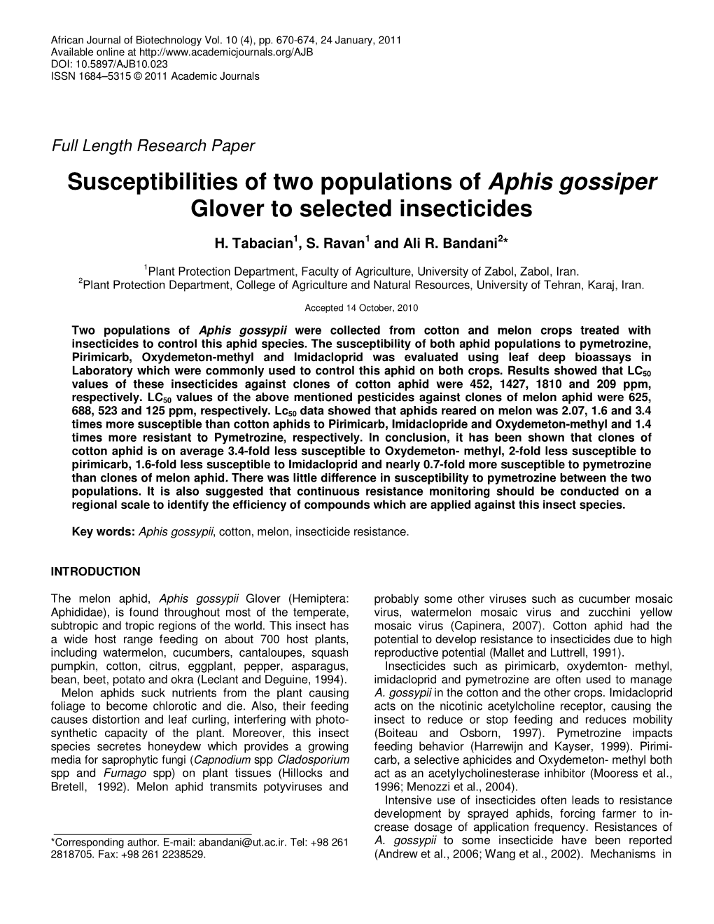 Susceptibilities of Two Populations of Aphis Gossiper Glover to Selected Insecticides