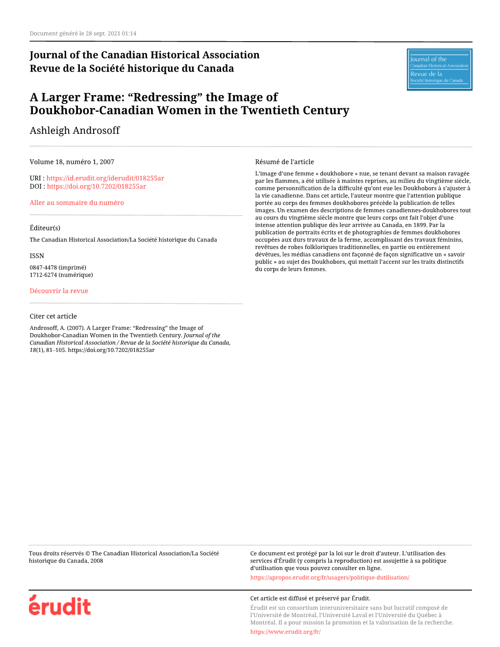 A Larger Frame: “Redressing” the Image of Doukhobor-Canadian Women in the Twentieth Century Ashleigh Androsoff