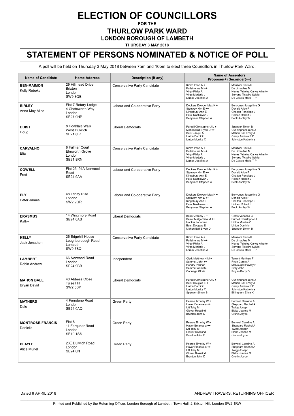 Election of Councillors for the Thurlow Park Ward London Borough of Lambeth Thursday 3 May 2018 Statement of Persons Nominated & Notice of Poll