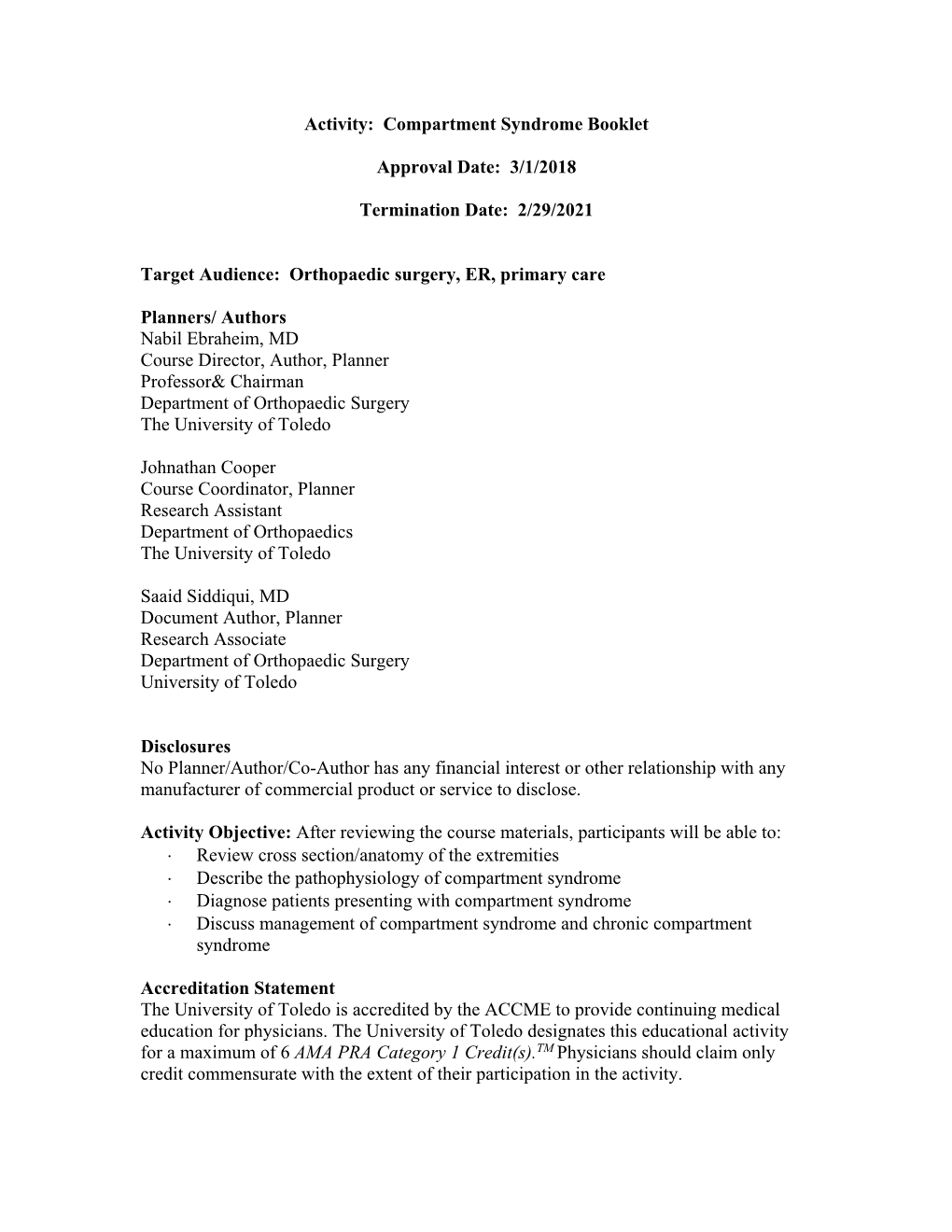 Compartment Syndrome Booklet Approval Date