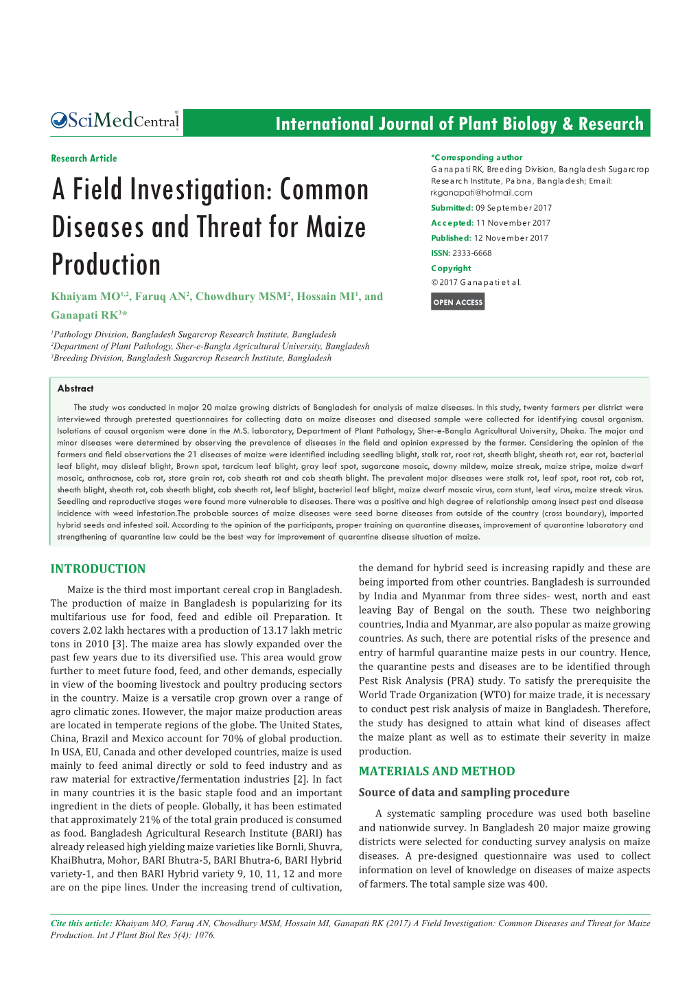 Common Diseases and Threat for Maize Production