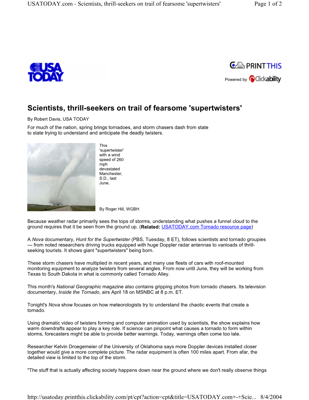 Scientists, Thrill-Seekers on Trail of Fearsome 'Supertwisters' Page 1 of 2