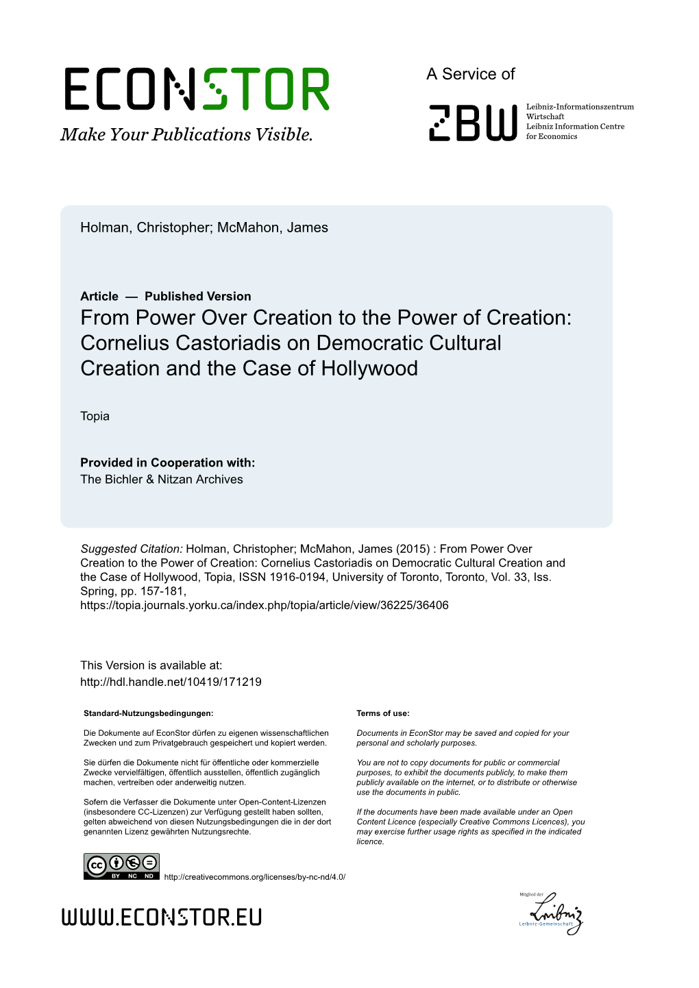 From Power Over Creation to the Power of Creation: Cornelius Castoriadis on Democratic Cultural Creation and the Case of Hollywood