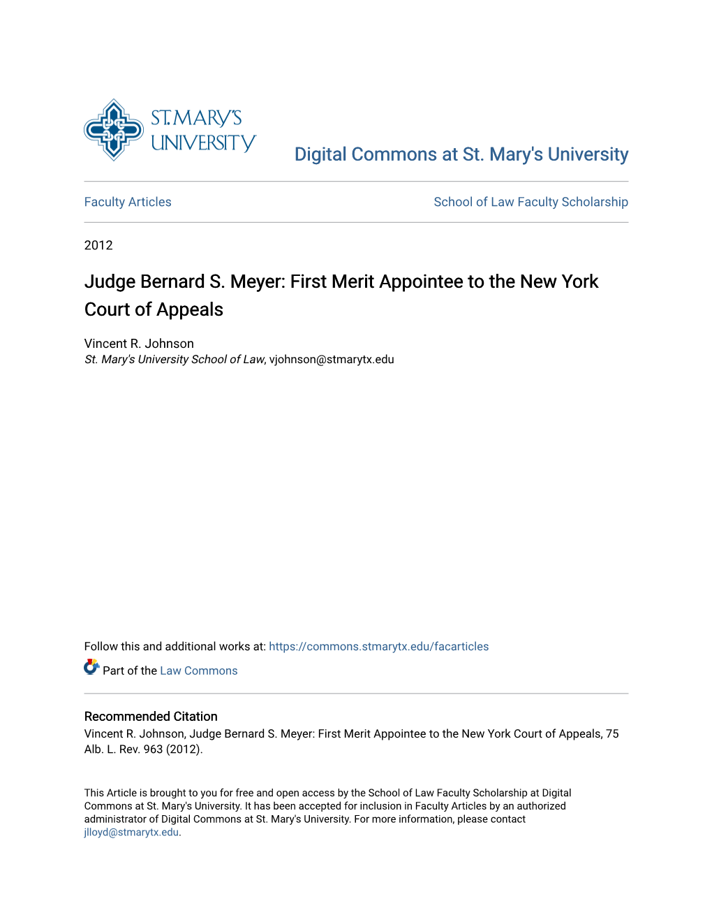 Judge Bernard S. Meyer: First Merit Appointee to the New York Court of Appeals