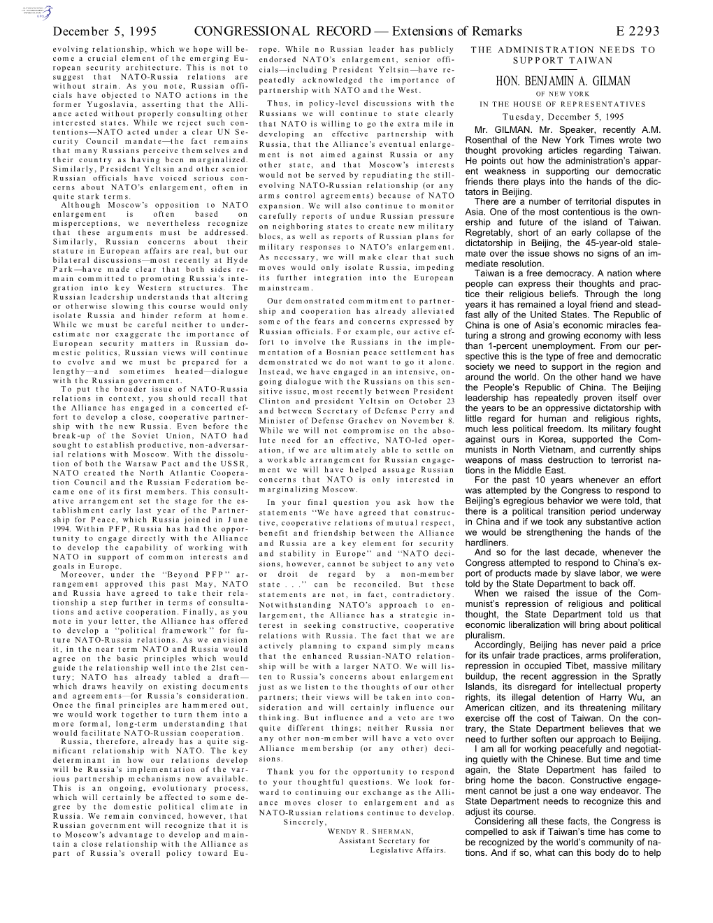 CONGRESSIONAL RECORD— Extensions of Remarks E 2293 HON. BENJAMIN A. GILMAN