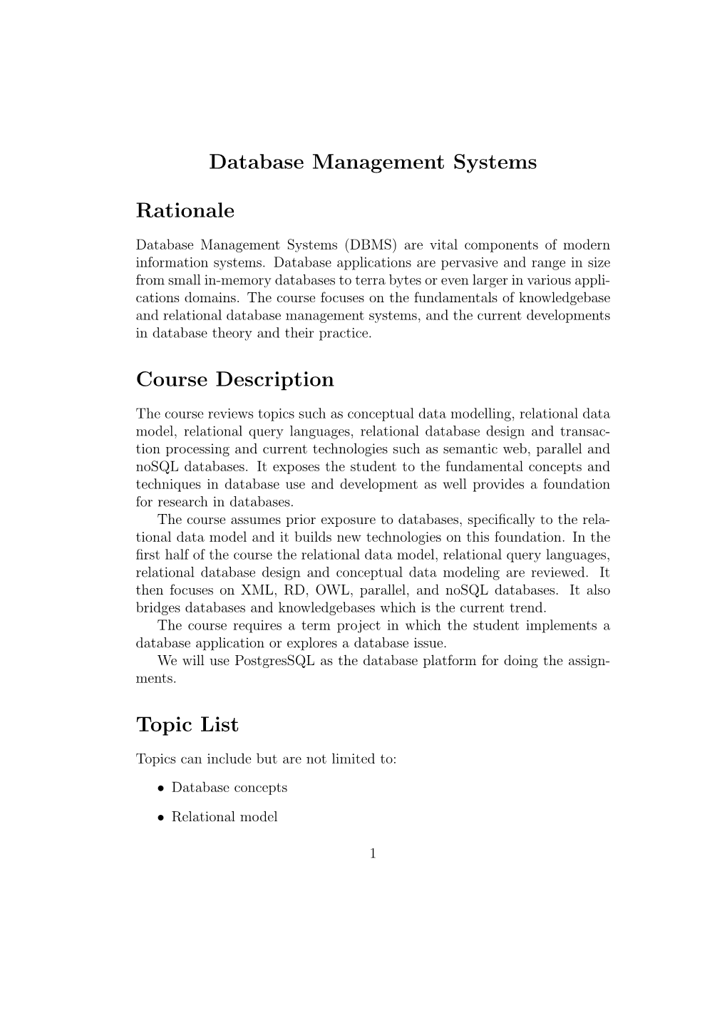 Database Management Systems Rationale Course Description Topic List