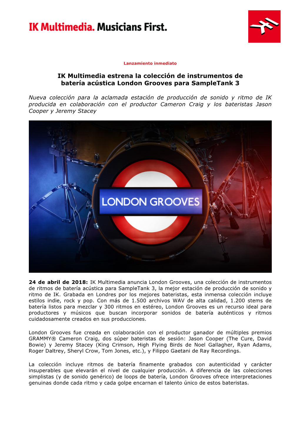 IK Multimedia Estrena La Colección De Instrumentos De Batería Acústica London Grooves Para Sampletank 3