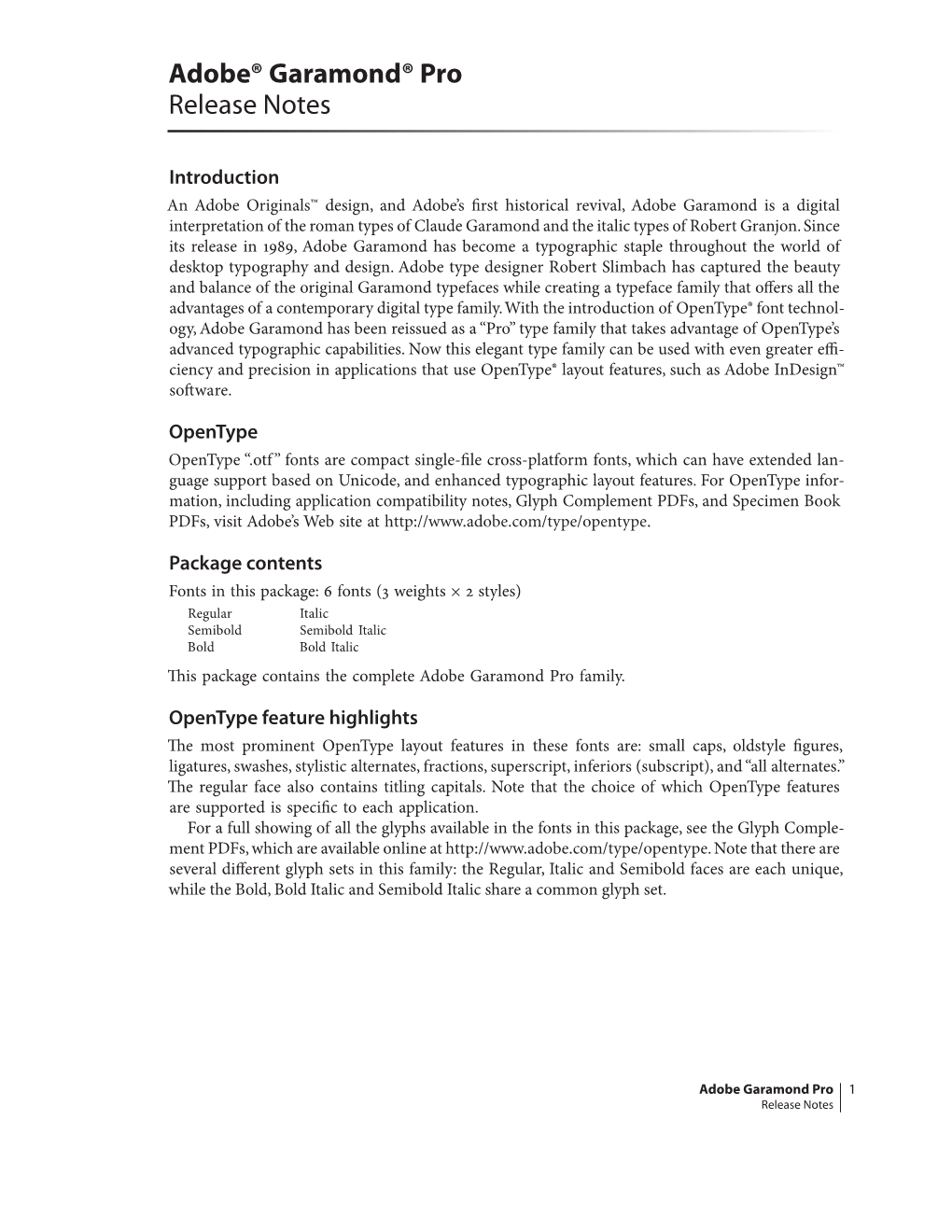 Adobe® Garamond® Pro Release Notes