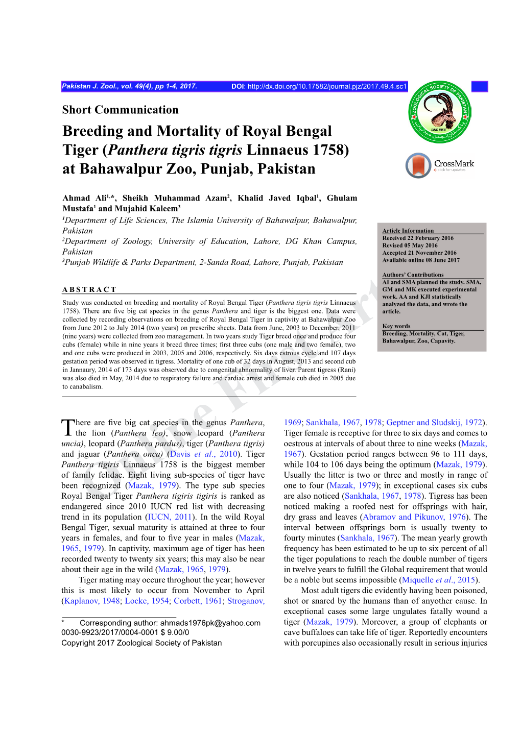 Breeding and Mortality of Royal Bengal Tiger (Panthera Tigris Tigris Linnaeus 1758) at Bahawalpur Zoo, Punjab, Pakistan