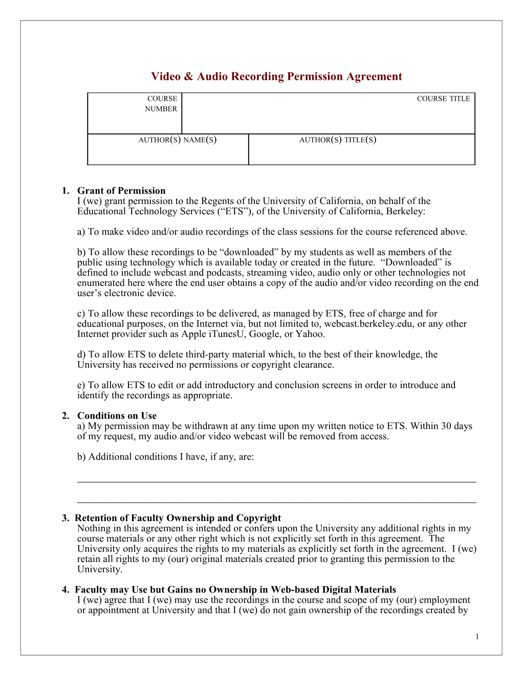 Video & Audio Recording Permission Agreement