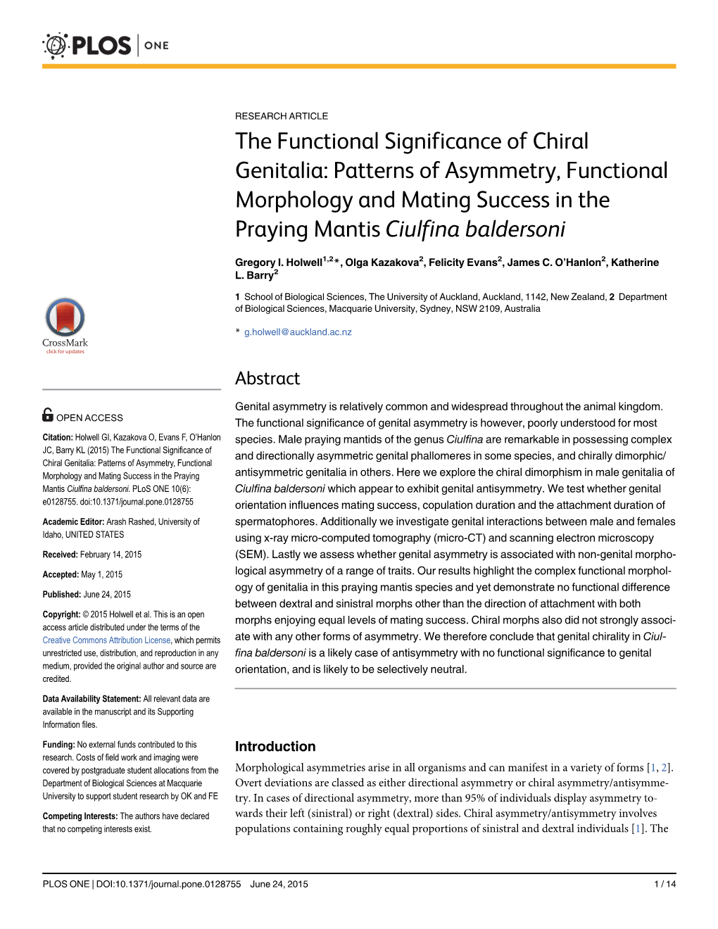 The Functional Significance of Chiral Genitalia: Patterns of Asymmetry, Functional Morphology and Mating Success in the Praying Mantis Ciulfina Baldersoni