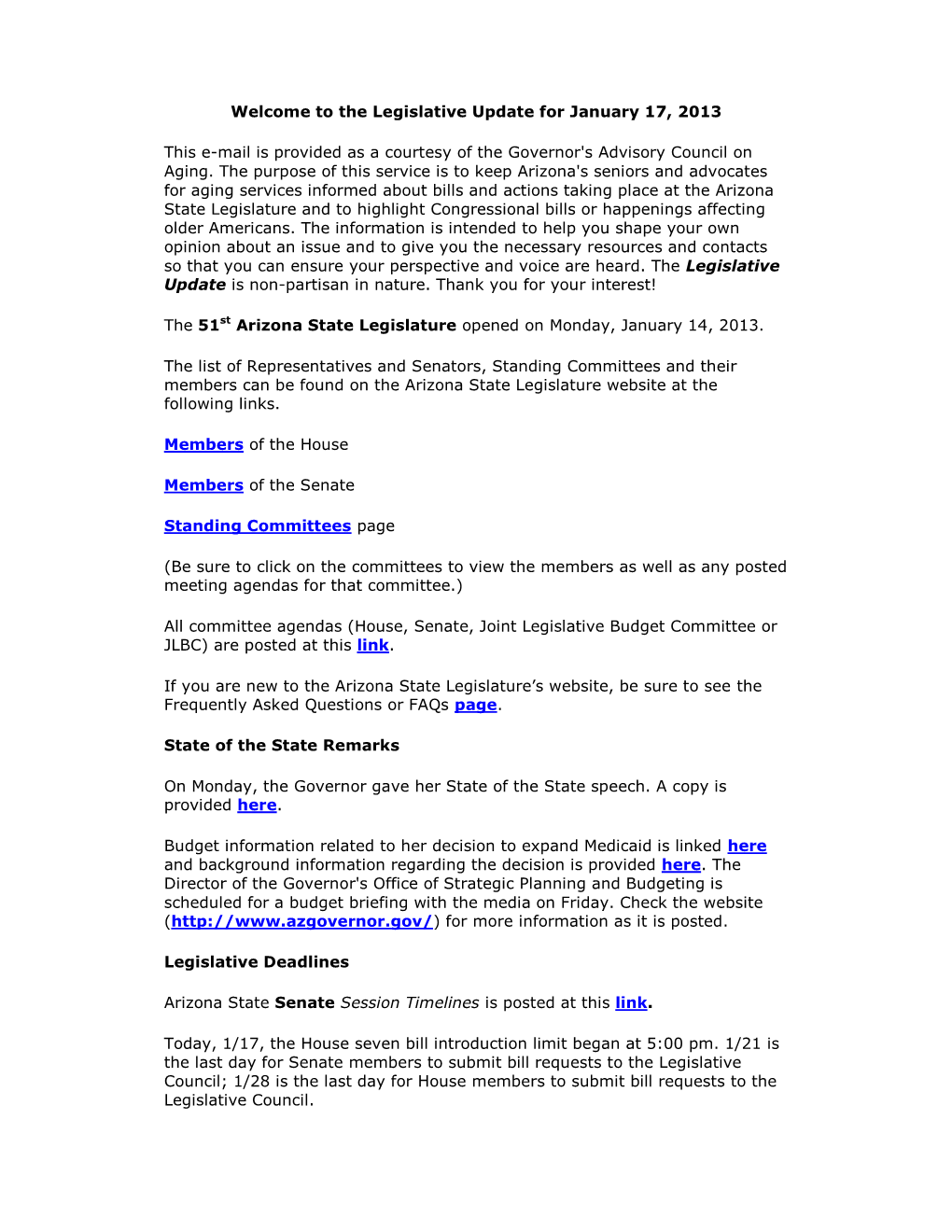 The Legislative Update for January 17, 2013 This E-Mail Is Provided As A
