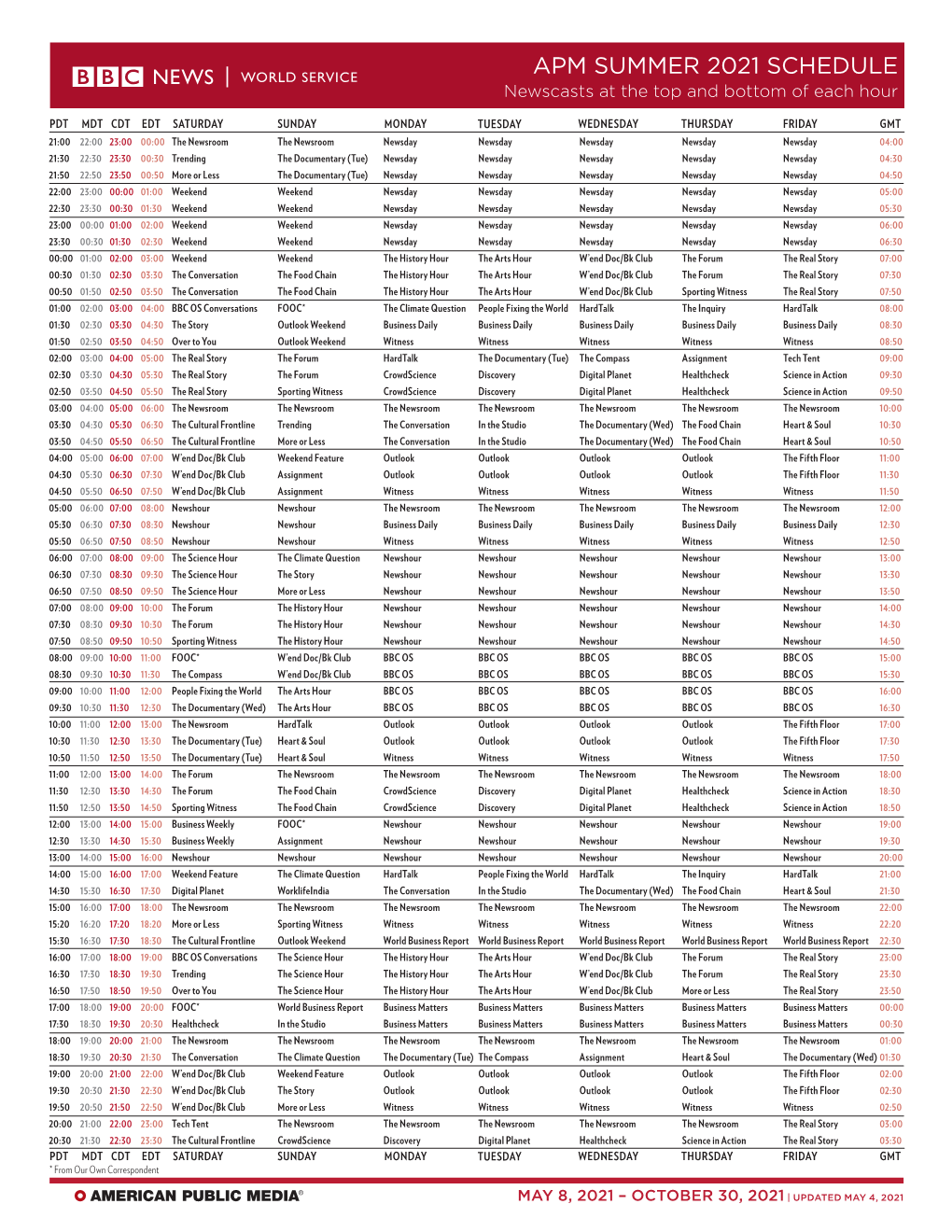 APM SUMMER 2021 SCHEDULE Newscasts at the Top and Bottom of Each Hour