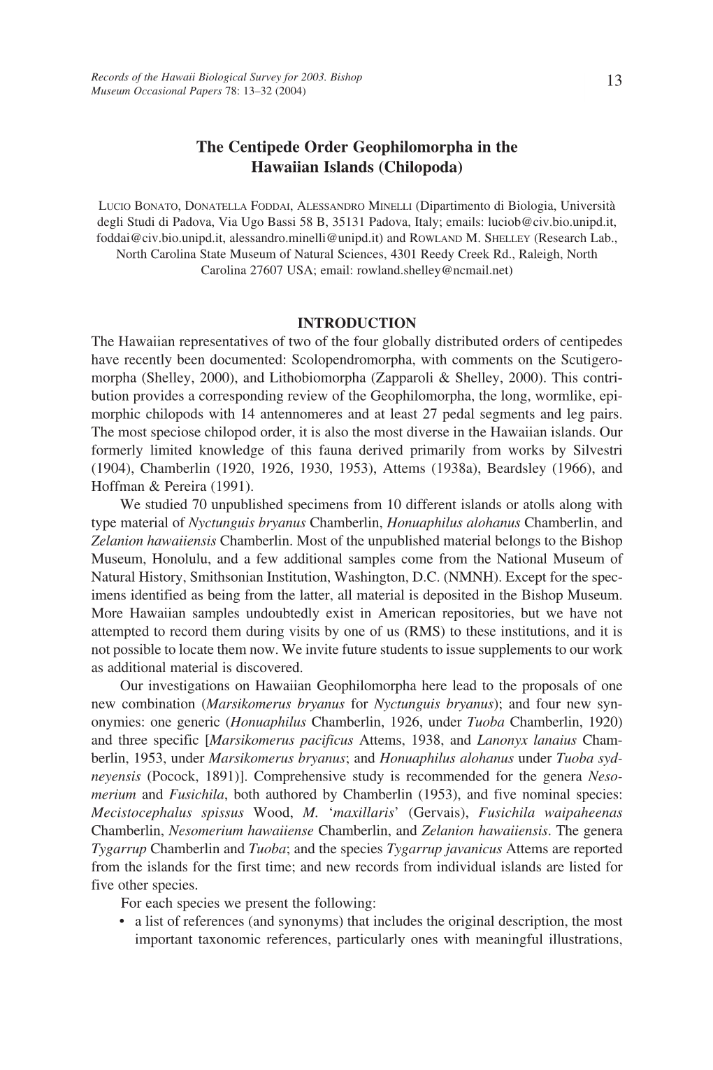 The Centipede Order Geophilomorpha in the Hawaiian Islands (Chilopoda)