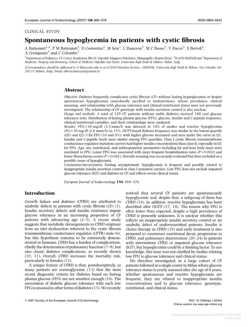 Spontaneous Hypoglycemia in Patients with Cystic Fibrosis