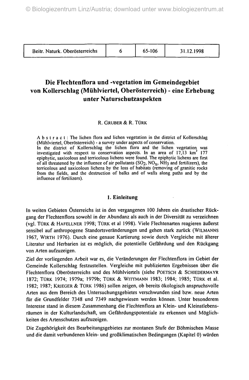 Die Flechtenflora Und -Vegetation Im Gemeindegebiet Von Kollerschlag (Mühlviertel, Oberösterreich) - Eine Erhebung Unter Naturschutzaspekten