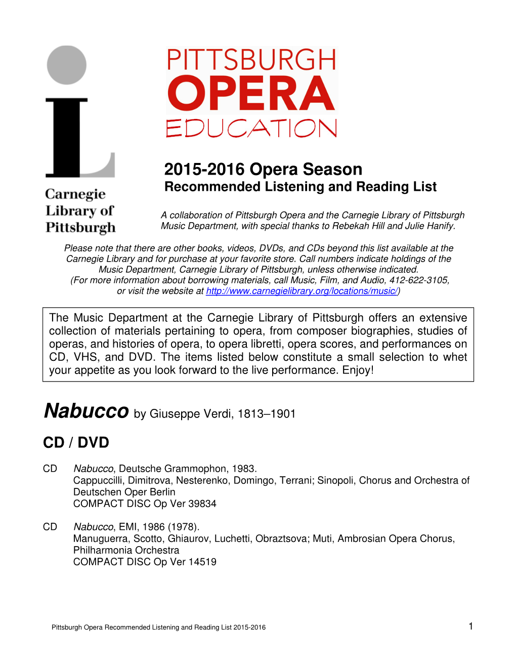 2015-2016 Opera Season Recommended Listening and Reading List