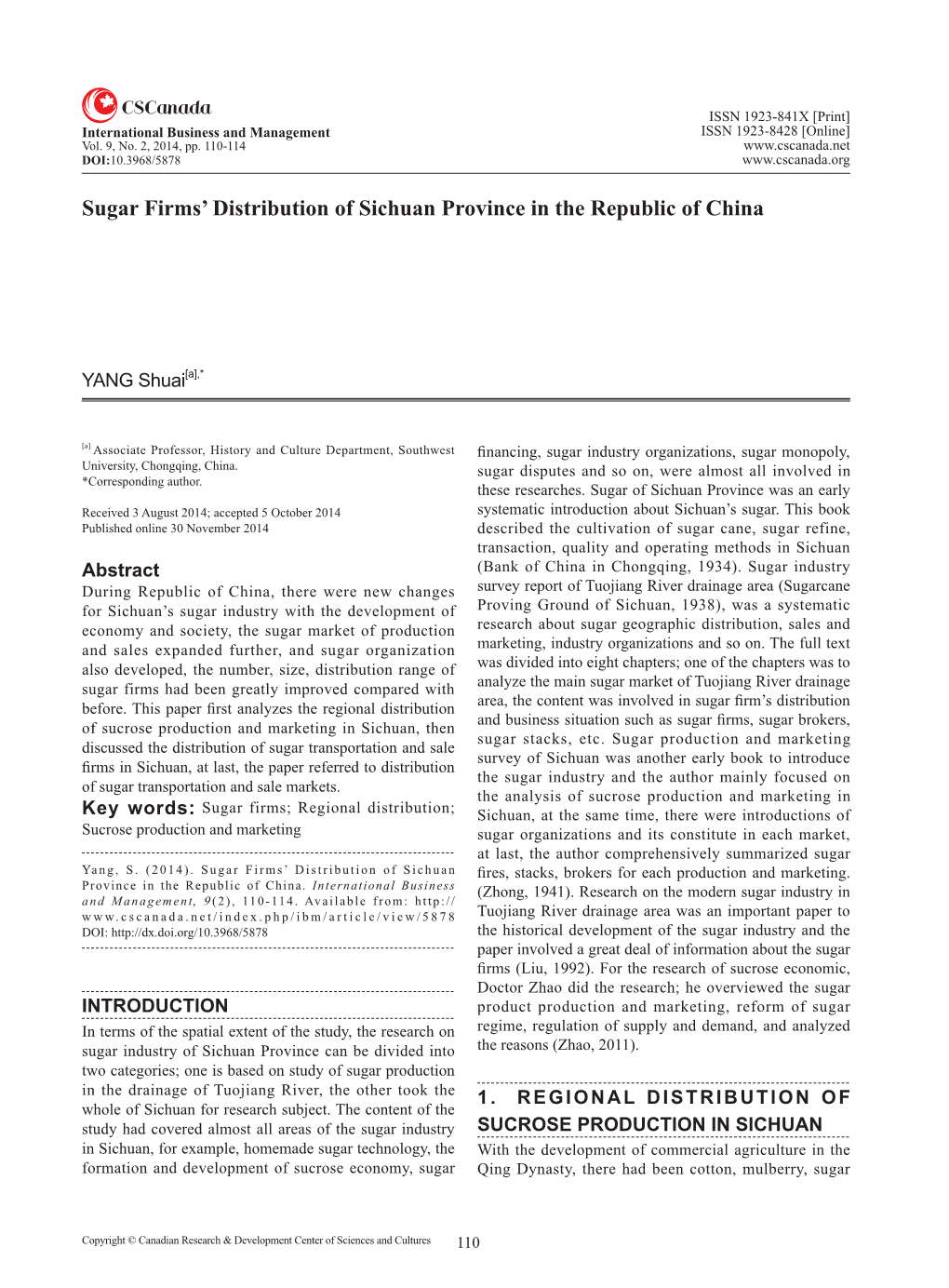 Sugar Firms' Distribution of Sichuan Province in the Republic of China