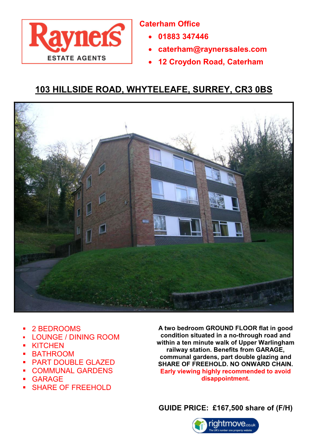 103 Hillside Road, Whyteleafe, Surrey, Cr3 0Bs