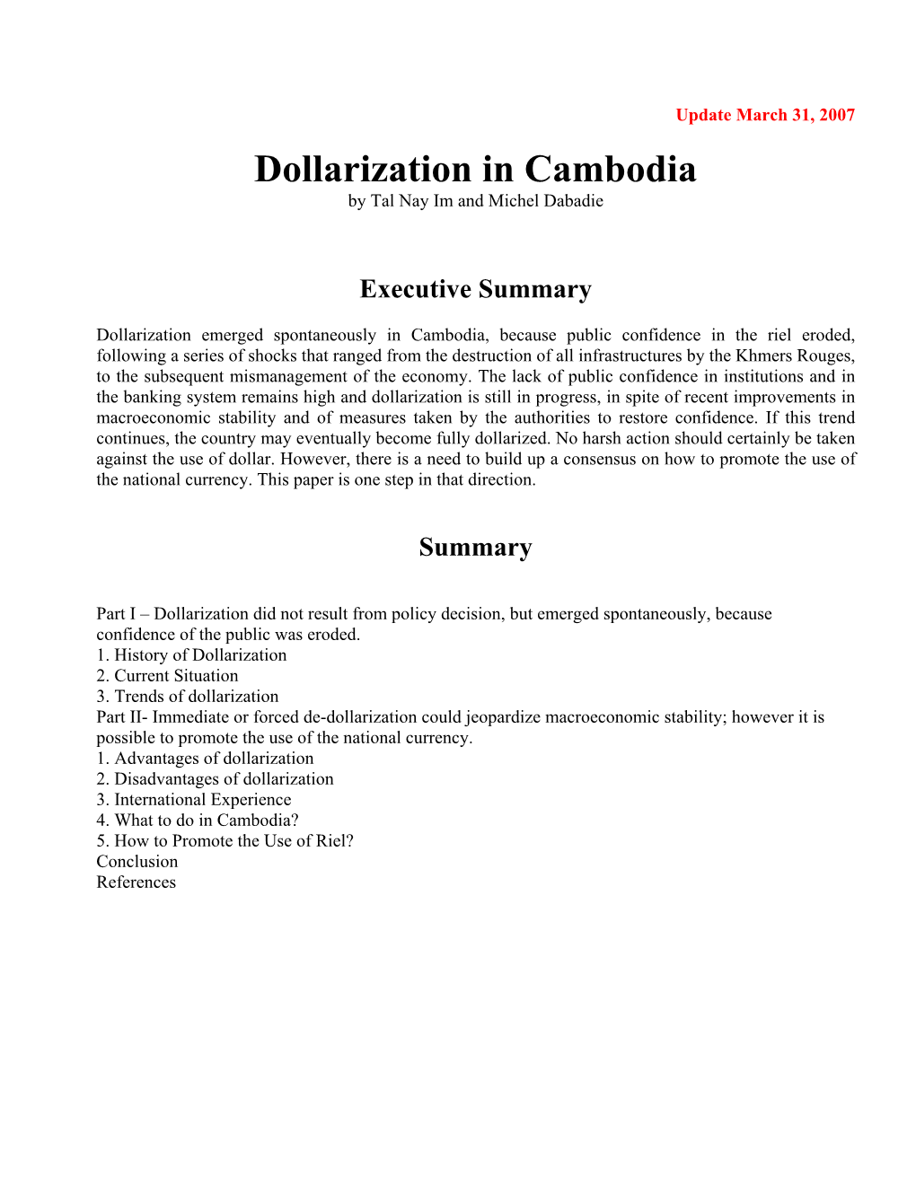 Article on Dollarization in Cambodia