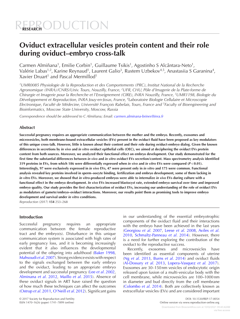 Oviduct Extracellular Vesicles Protein Content and Their Role During Oviduct–Embryo Cross-Talk