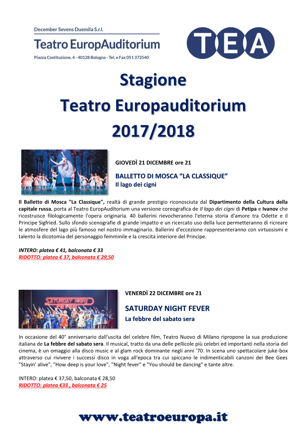 Stagione Teatro Europauditorium 2017/2018