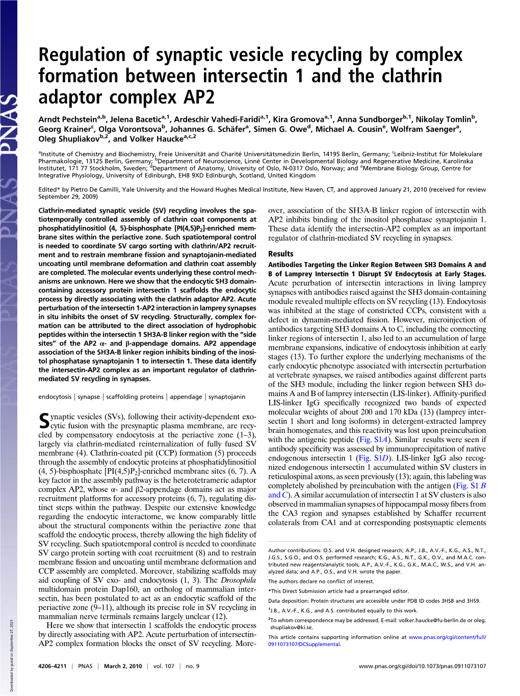 Regulation of Synaptic Vesicle Recycling by Complex Formation Between Intersectin 1 and the Clathrin Adaptor Complex AP2