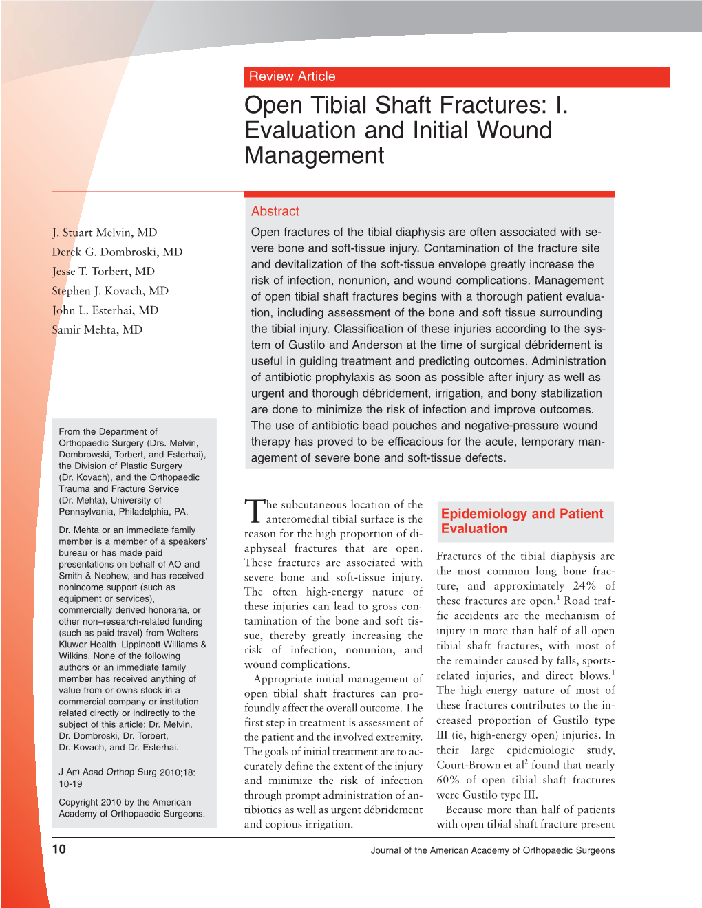 Open Tibial Shaft Fractures: I. Evaluation and Initial Wound Management