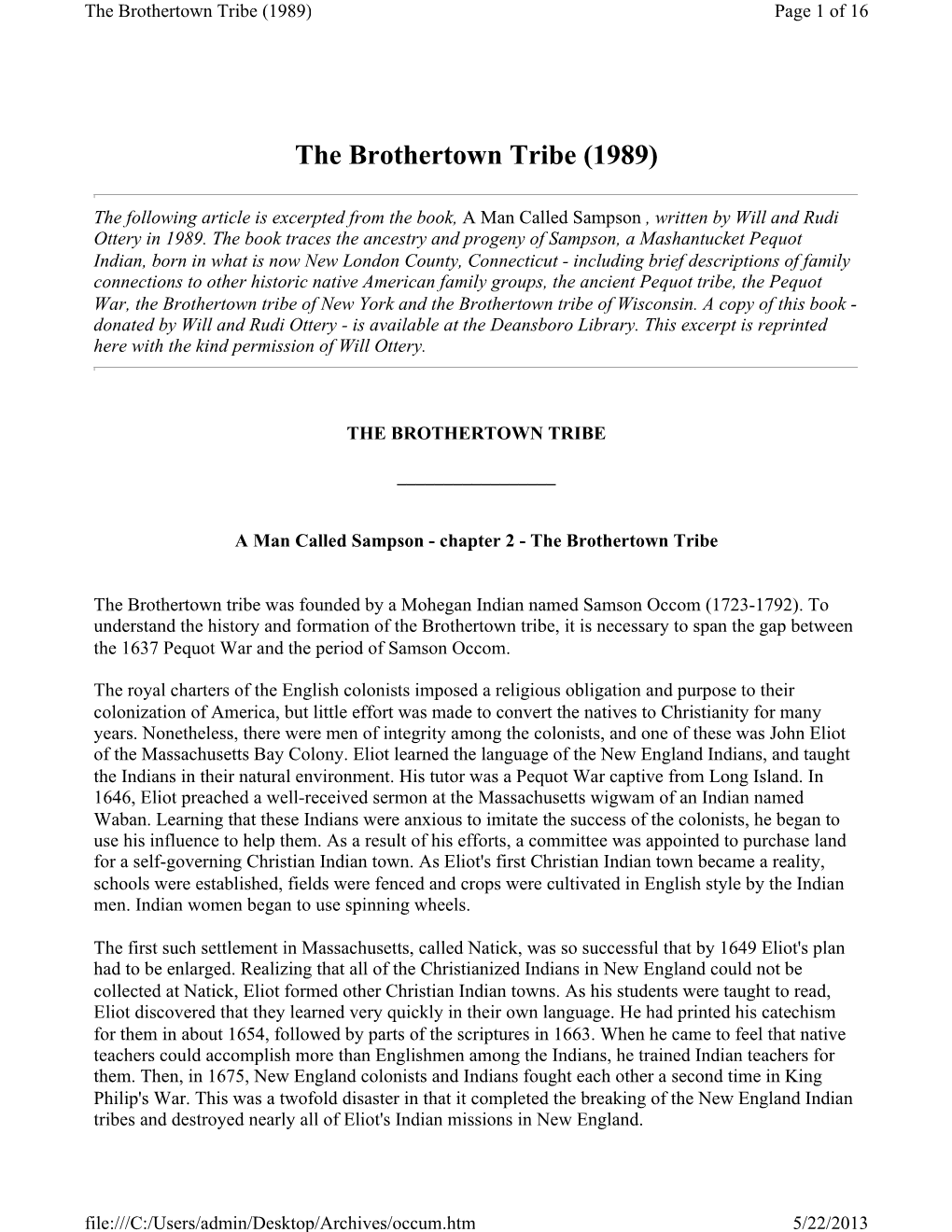 The Brothertown Tribe (1989) Page 1 of 16