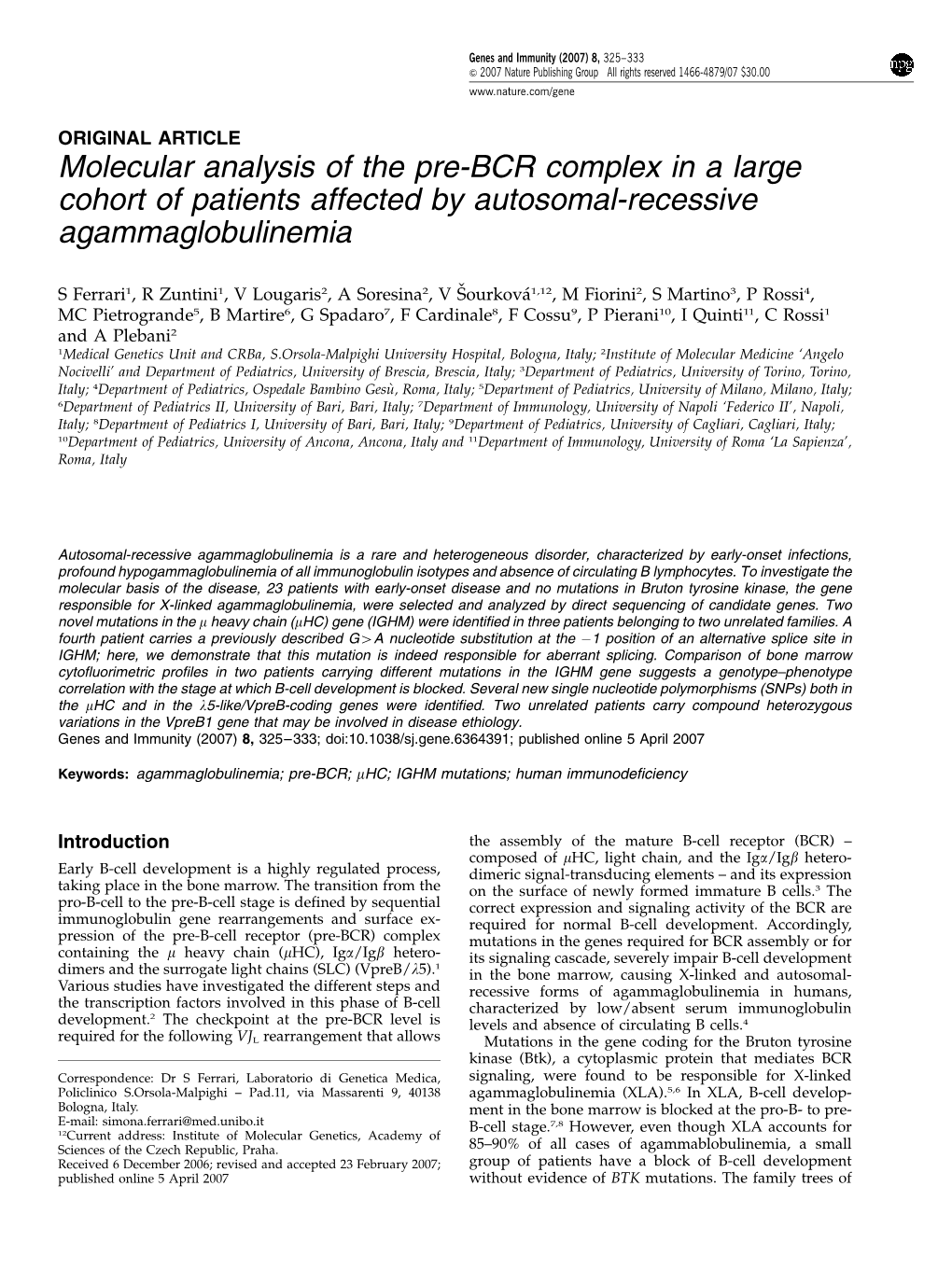 Molecular Analysis of the Pre-BCR Complex in a Large Cohort of Patients Affected by Autosomal-Recessive Agammaglobulinemia