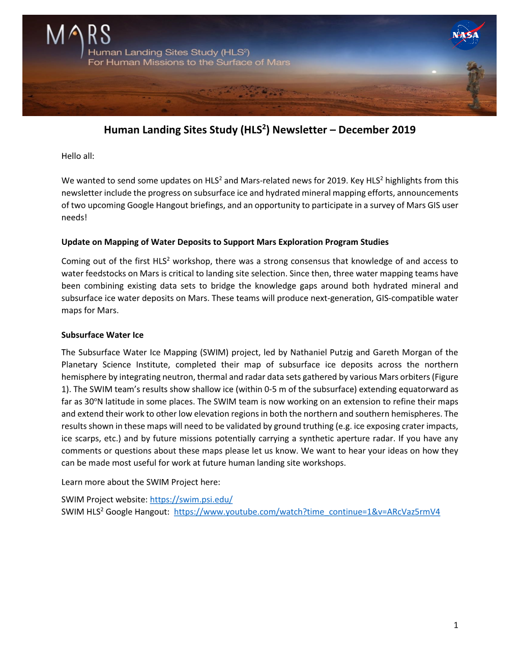 Human Landing Sites Study (HLS2) Newsletter – December 2019