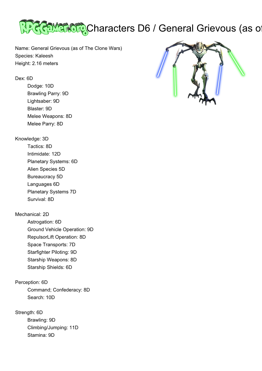 Characters D6 / General Grievous (As of the Clone Wars