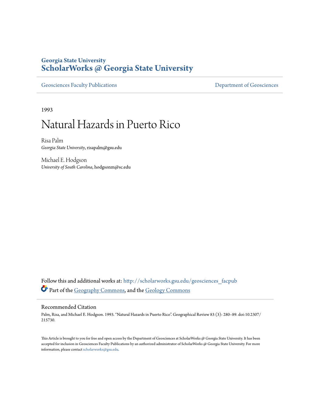 Natural Hazards in Puerto Rico Risa Palm Georgia State University, Risapalm@Gsu.Edu