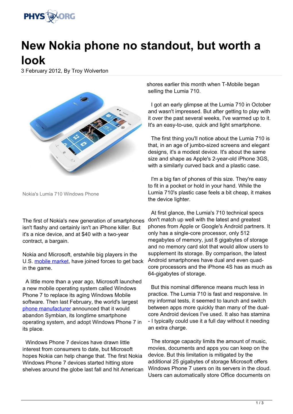 New Nokia Phone No Standout, but Worth a Look 3 February 2012, by Troy Wolverton
