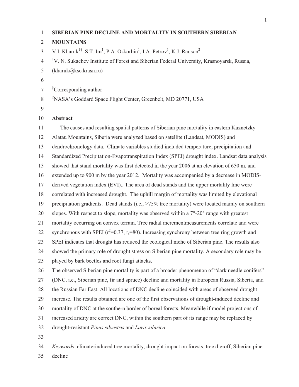 1 Siberian Pine Decline and Mortality in Southern Siberian 2 Mountains 3 V.I