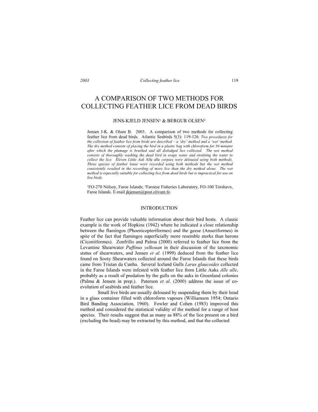 A Comparison of Two Methods for Collecting Feather Lice from Dead Birds