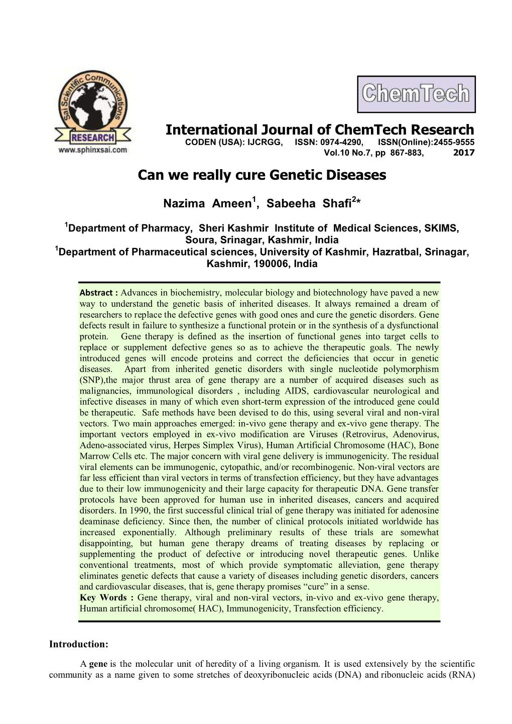 Can We Really Cure Genetic Diseases International Journal of Chemtech