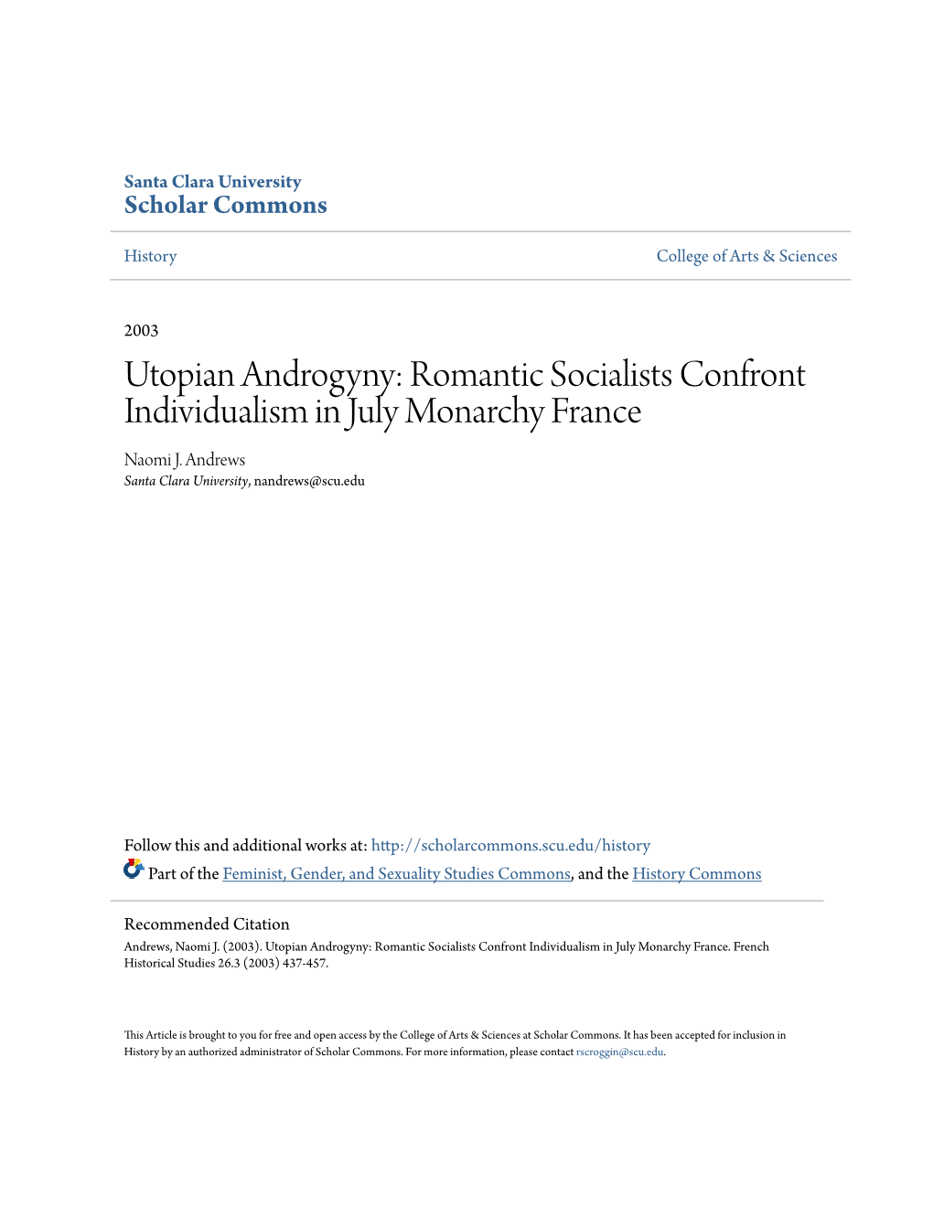 Utopian Androgyny: Romantic Socialists Confront Individualism in July Monarchy France Naomi J